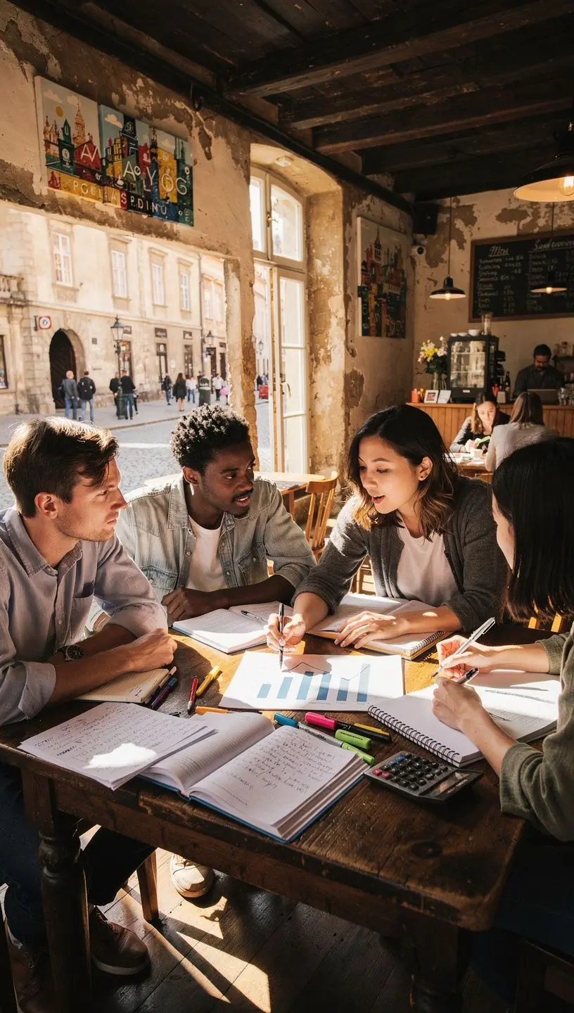Obrázek člověka studujícího finanční literaturu s kávou v ruce v domácím prostředí.